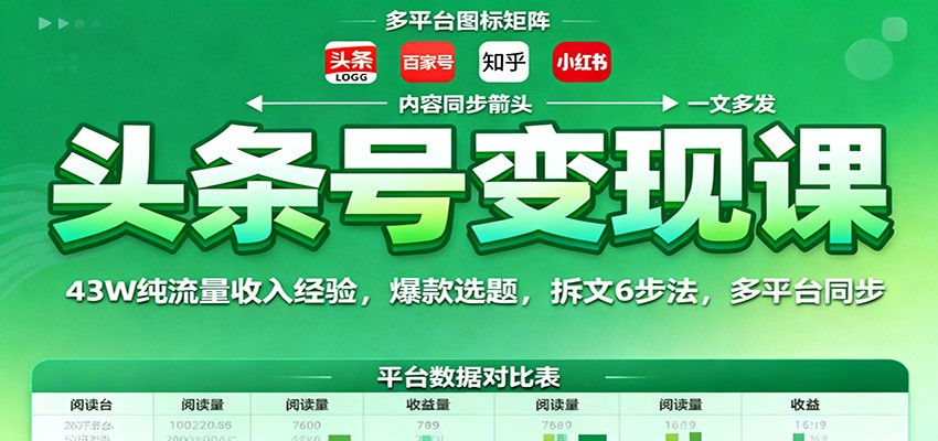 头条号变现课:43W纯流量收入经验,爆款选题,拆文6步法,多平台同步-宇文网创