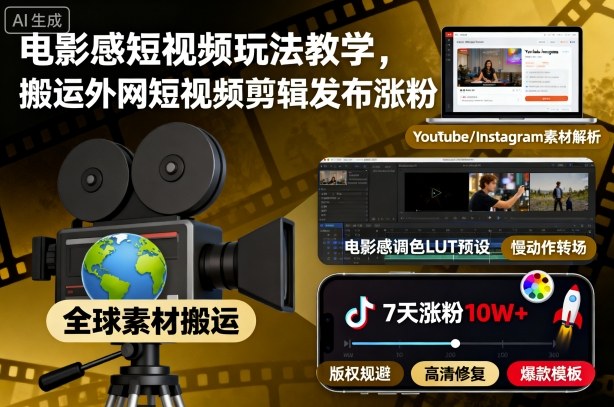 电影感短视频玩法教学,搬运外网短视频剪辑发布涨粉-宇文网创