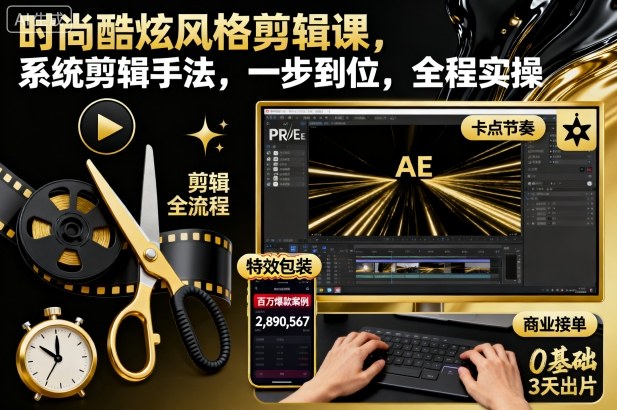时尚酷炫风格剪辑课,系统剪辑手法,一步到位,全程实操-宇文网创