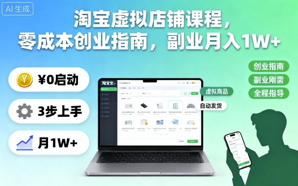 淘宝虚拟店铺课程,零成本创业指南,副业月入1W+-宇文网创
