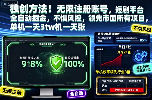 独创方法!无限注册账号,短剧平台全自动掘金,不惧风控,领先市面所有项目,单机一天3张【揭秘】-宇文网创