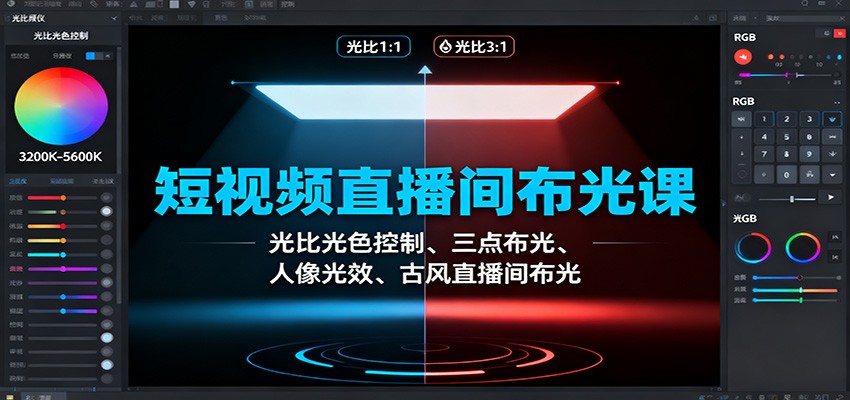 短视频直播间布光课:光比光色控制、三点布光、人像光效、古风直播间布光-宇文网创