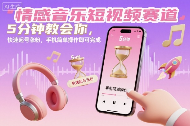 情感音乐短视频赛道,5分钟教会你,快速起号涨粉,手机简单操作即可完成-宇文网创