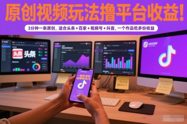 原创视频玩法撸平台收益,3分钟一条原创,适合头条+百家+视频号+抖音,一个作品吃多份收益-宇文网创