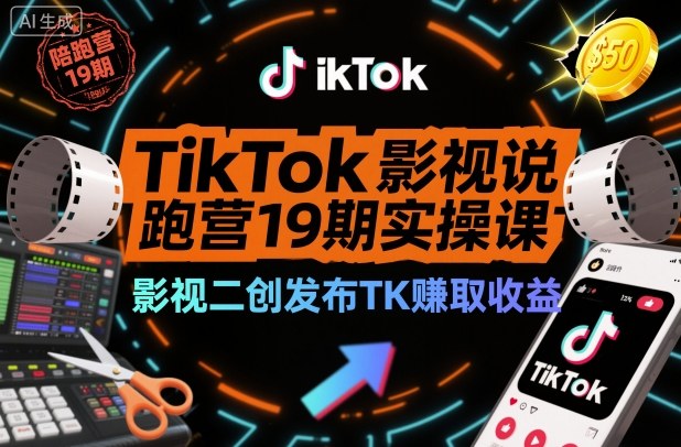 TikTok影视解说陪跑营19期实操课,影视二创发布TK賺取收益,万播收益50美金(更新)-宇文网创