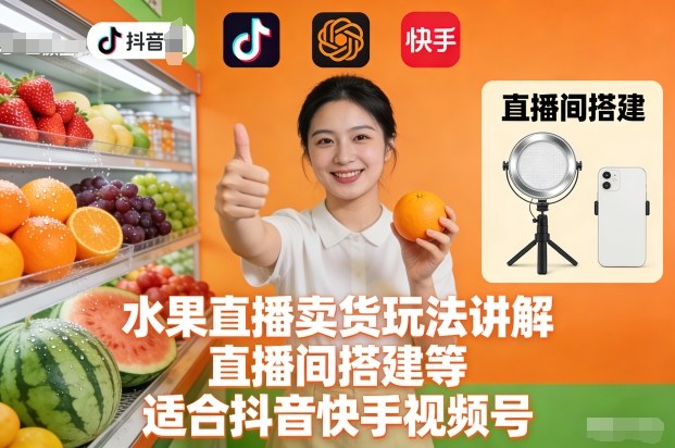 水果直播卖货玩法讲解、直播间搭建等,适合抖音快手视频号-宇文网创