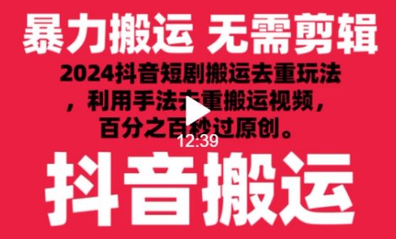 2024最新抖音搬运技术，抖音短剧视频去重，手法搬运，利用工具去重，达到秒过原创的效果【揭秘】-宇文网创