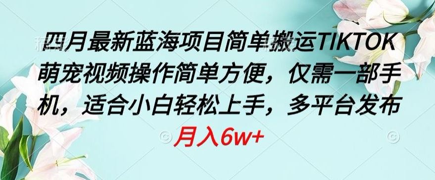 四月最新蓝海项目，简单搬运TIKTOK萌宠视频，操作简单方便，仅需一部手机【揭秘】-宇文网创