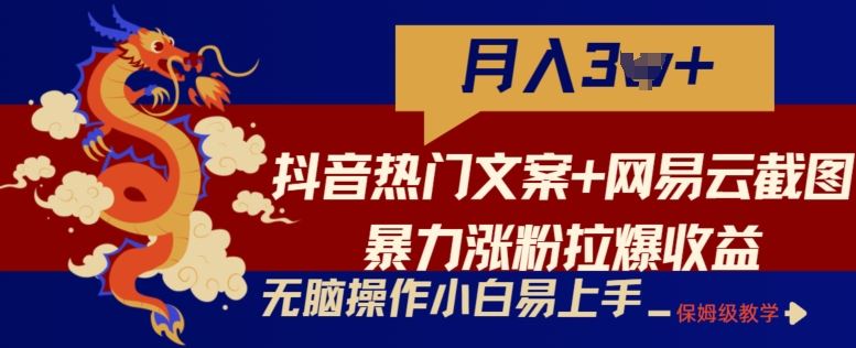 抖音热门文案+网易云截图暴力涨粉拉爆收益玩法，小白无脑操作，简单易上手【揭秘】-宇文网创