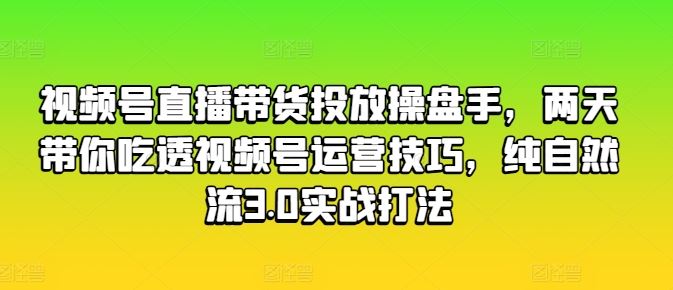 视频号直播带货投放操盘手，两天带你吃透视频号运营技巧，纯自然流3.0实战打法-宇文网创