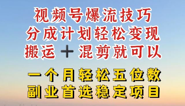 视频号爆流技巧，分成计划轻松变现，搬运 +混剪就可以，一个月轻松五位数稳定项目【揭秘】-宇文网创