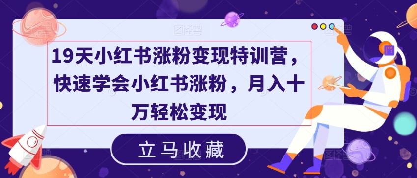 19天小红书涨粉变现特训营，快速学会小红书涨粉，月入十万轻松变现-宇文网创