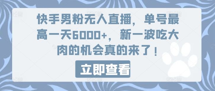 快手男粉无人直播，单号最高一天6000+，新一波吃大肉的机会真的来了-宇文网创