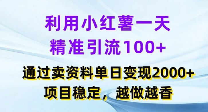 利用小红书一天精准引流100+，通过卖项目单日变现2k+，项目稳定，越做越香【揭秘】-宇文网创