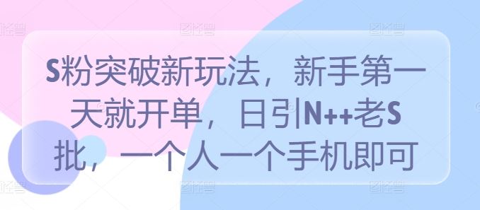 S粉突破新玩法，新手第一天就开单，日引N++老S批，一个人一个手机即可【揭秘】-宇文网创