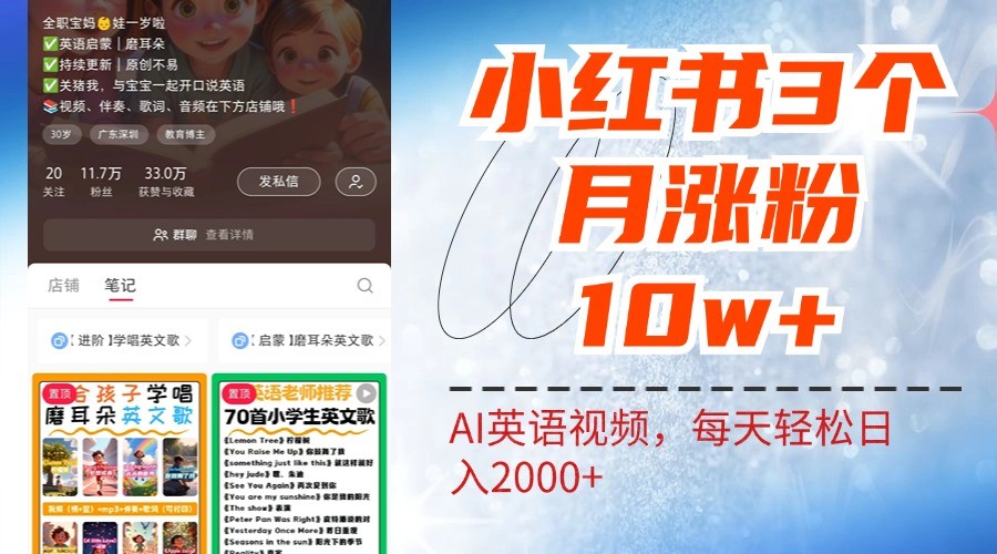 小红书三个月涨粉10W，AI英语视频0成本制作，每天轻松日入2000+-宇文网创