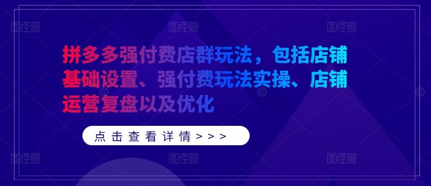 拼多多强付费店群玩法，包括店铺基础设置、强付费玩法实操、店铺运营复盘以及优化-宇文网创