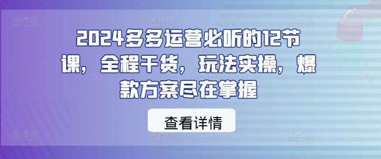 2024多多运营必听的12节课，全程干货，玩法实操，爆款方案尽在掌握-宇文网创