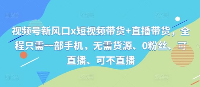 视频号新风口x短视频带货+直播带货，全程只需一部手机，无需货源、0粉丝、可直播、可不直播-宇文网创