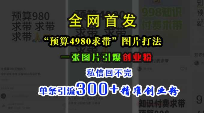 小红书“预算4980带我飞”图片打法，一张图片引爆创业粉，私信回不完，单条引流300+精准创业粉-宇文网创