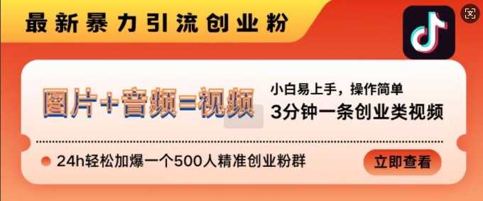 抖音最新暴力引流创业粉，3分钟一条创业类视频，24h轻松加爆一个500人精准创业粉群【揭秘】-宇文网创