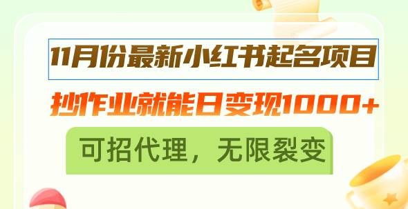 11月份最新小红书起名项目，抄作业就能日变现1000+，可招代理，无限裂变-宇文网创