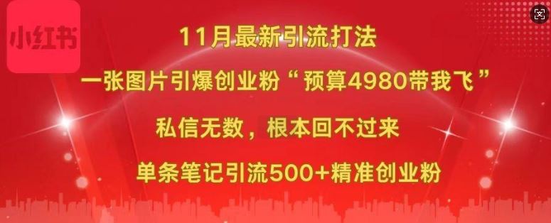 小红书11月最新图片打粉，一张图片引爆创业粉，“预算4980带我飞”，单条引流500+精准创业粉-宇文网创