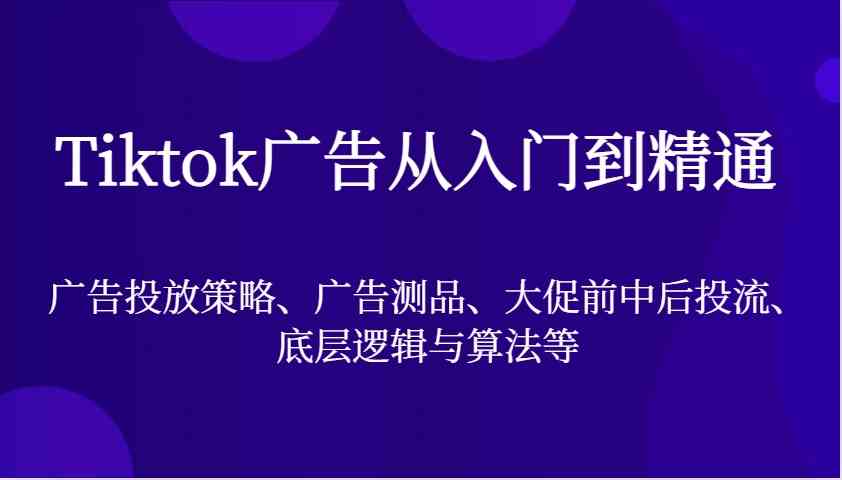 Tiktok广告从入门到精通，广告投放策略、广告测品、大促前中后投流、底层逻辑与算法等-宇文网创