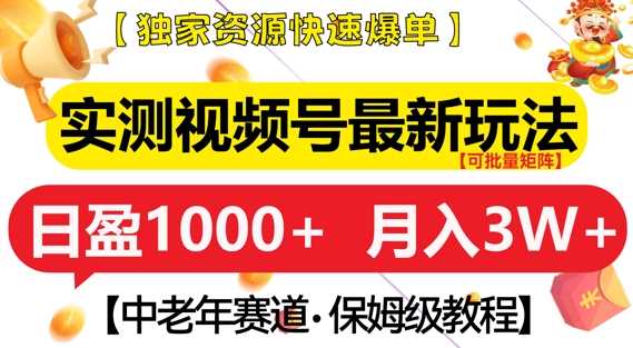 实测视频号最新玩法，中老年赛道，独家资源，月入过W+【揭秘】-宇文网创