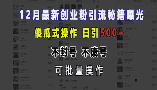 12月最新创业粉引流秘籍曝光 傻瓜式操作 日引500+ 不封号 不废号 可批量操作【揭秘】-宇文网创