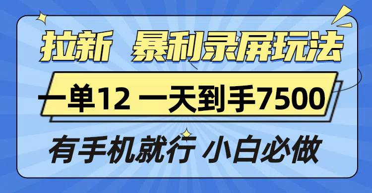 拉新暴利录屏玩法，一单12块，一天到手7500，有手机就行-宇文网创