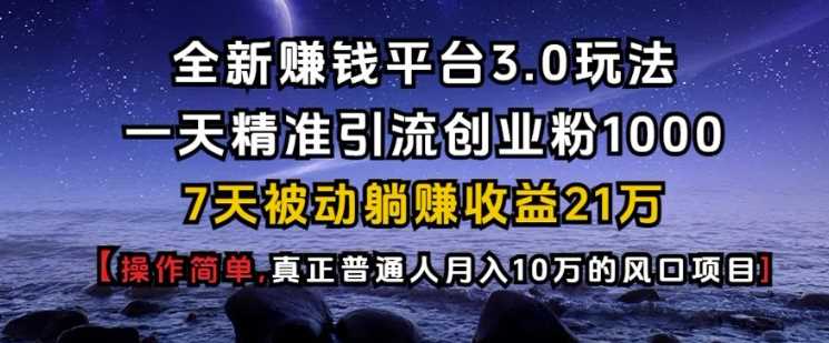 全新赚钱平台3.0玩法一天精准引流创业粉1000.7天被动躺Z收益21W【仅揭秘】-宇文网创