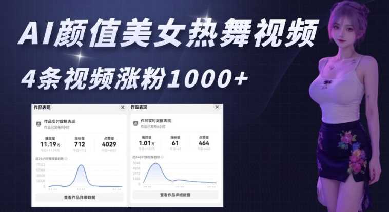 AI颜值美女热舞视频，4条视频涨粉1000+，实测6分钟一条-宇文网创