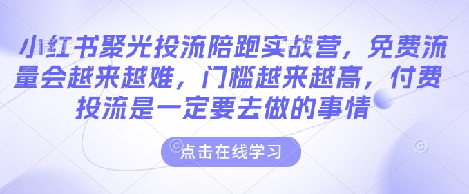 小红书聚光投流陪跑实战营，免费流量会越来越难，门槛越来越高，付费投流是一定要去做的事情-宇文网创