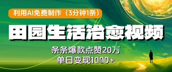 利用AI免费制作田园生活治愈视频，条条爆款点赞20W，单日变现几张-宇文网创