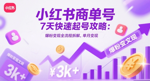 小红书商单号7天快速起号攻略：爆粉变现全流程拆解，单月变现3k+-宇文网创