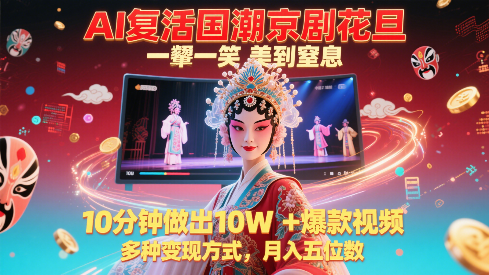 AI复活国潮京剧花旦，一颦一笑美到窒息，10分钟做出10W+爆款视频，多种变现方式-宇文网创