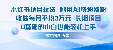 适合小白操作的小红书新项目，利用AI快速涨粉，收益每月平均1W+-宇文网创