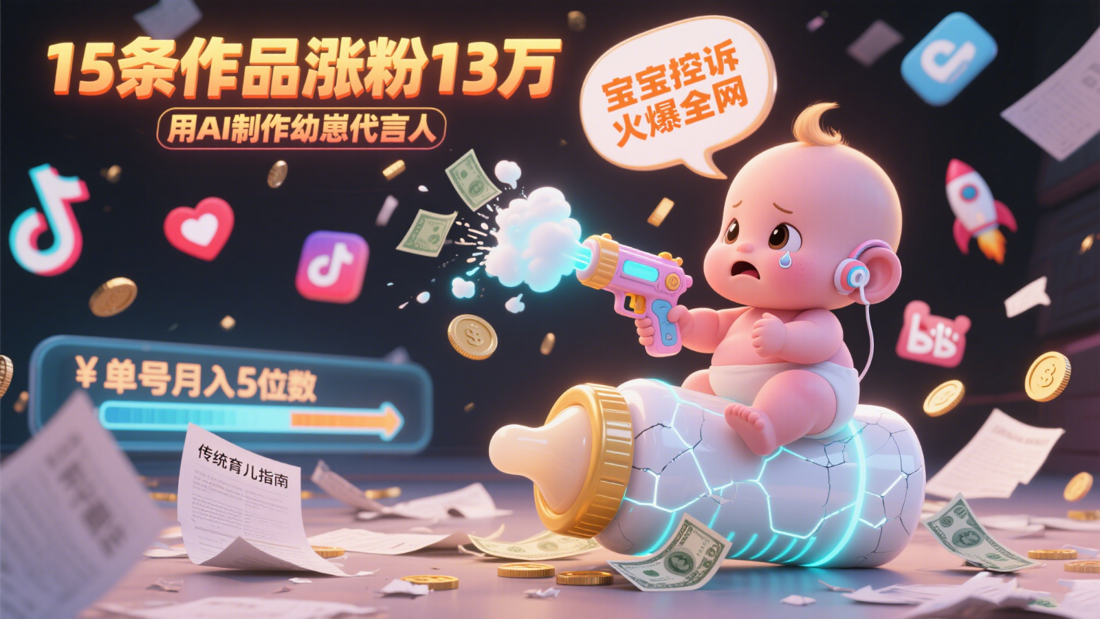 用AI制作幼崽代言人，宝宝的控诉火爆全网，15条作品涨粉13万，单号月入5位数实操教程-宇文网创