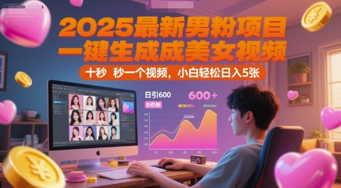 2025最新男粉项目，一键生成美女视频，日引600+色粉 十秒一个视频，小白轻松日入5张【揭秘】-宇文网创