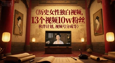 历史女性独白视频，13个视频10w粉丝，伙伴计划，视频号分成等-宇文网创