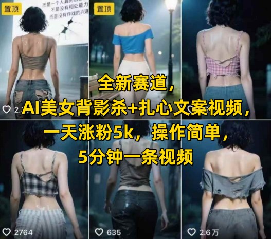 全新赛道，AI美女背影杀+扎心文案视频，一天涨粉5k，操作简单，5分钟一条视频-宇文网创