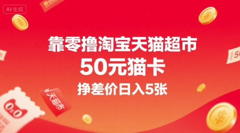 靠零撸淘宝天猫超市50元猫卡，挣差价日入5张-宇文网创