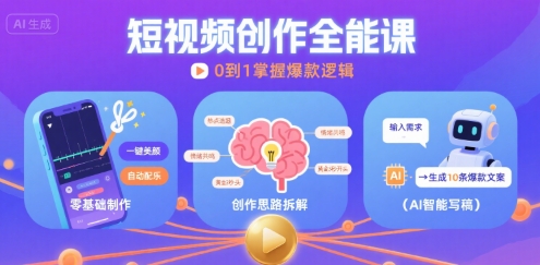 短视频创作课，短视频制作、创作思路、Ai写爆款文案-宇文网创