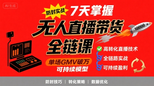 无人直播带货全链防封实战课，7天掌握高转化直播技术，实现单场GMV破万可持续模型-宇文网创