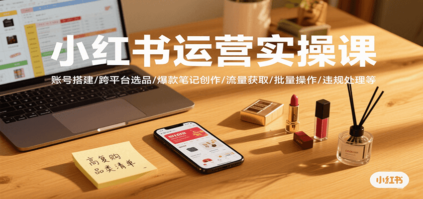 小红书运营实操课，账号搭建/跨平台选品/爆款笔记创作/流量获取/批量操作/违规处理等-宇文网创