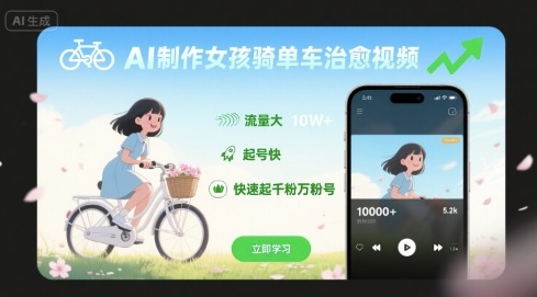 AI制作女孩骑单车治愈视频，流量大，起号快，快速起千粉万粉号-宇文网创