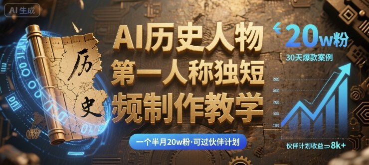 最新AI历史人物第一人称独白短视频制作教学，一个半月20w粉，可过伙伴计划-宇文网创