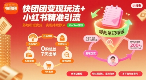 快团团变现玩法+小红书精准引流技巧，助你真正落地私域卖货，实现持续挣米-宇文网创