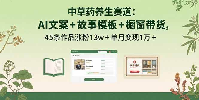 中草药养生赛道：AI文案+故事模板+橱带货，45条作品涨粉13w+单月变现1万+-宇文网创